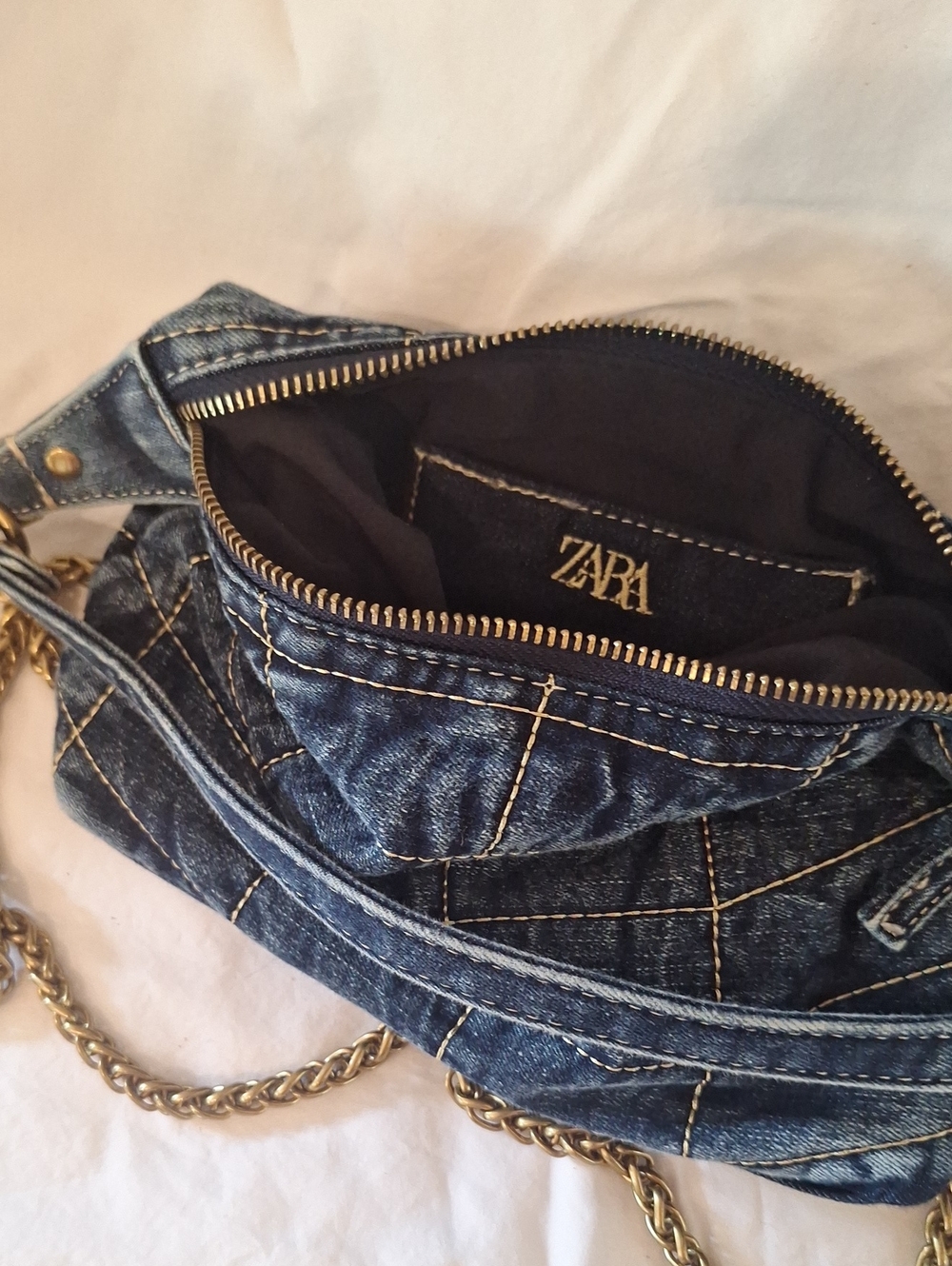 ZARA Dark Blue Denim Quilted Crossbody with Gold Chain
